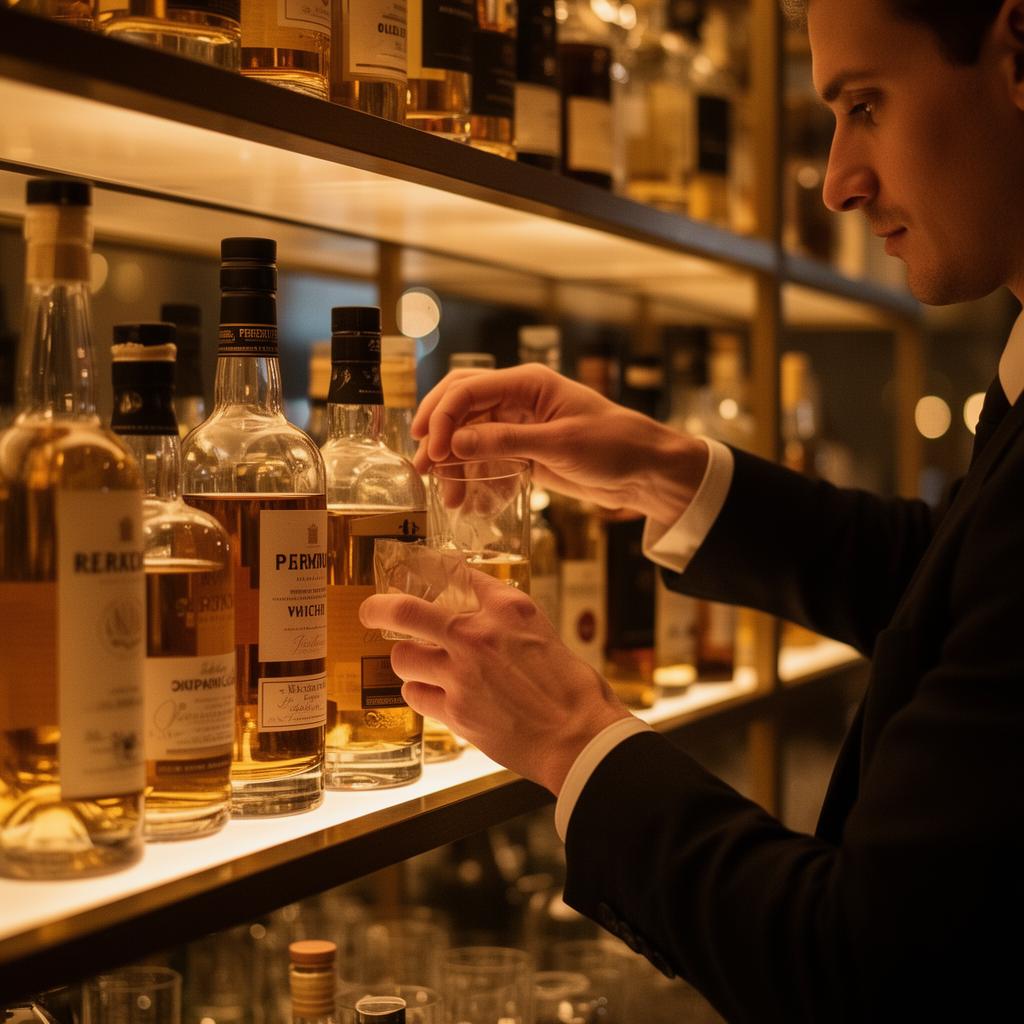 Bartender organizing premium spirits on a backlit shelf