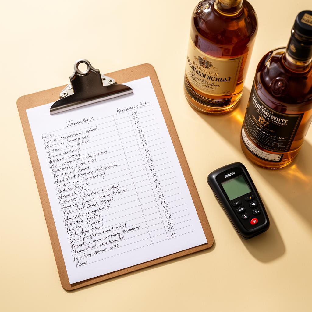 Inventory count clipboard with bottles and barcode scanner
